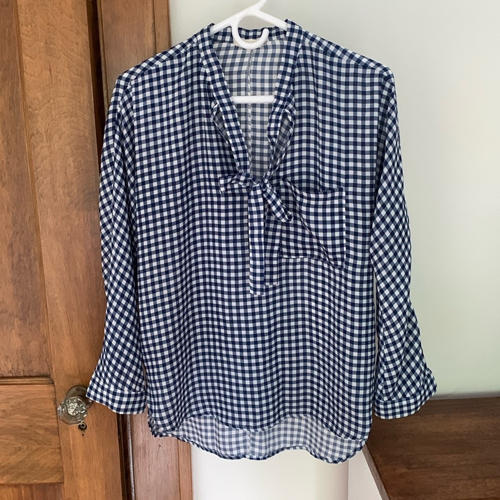 Blue and White Gingham Blouse with Tie Bow